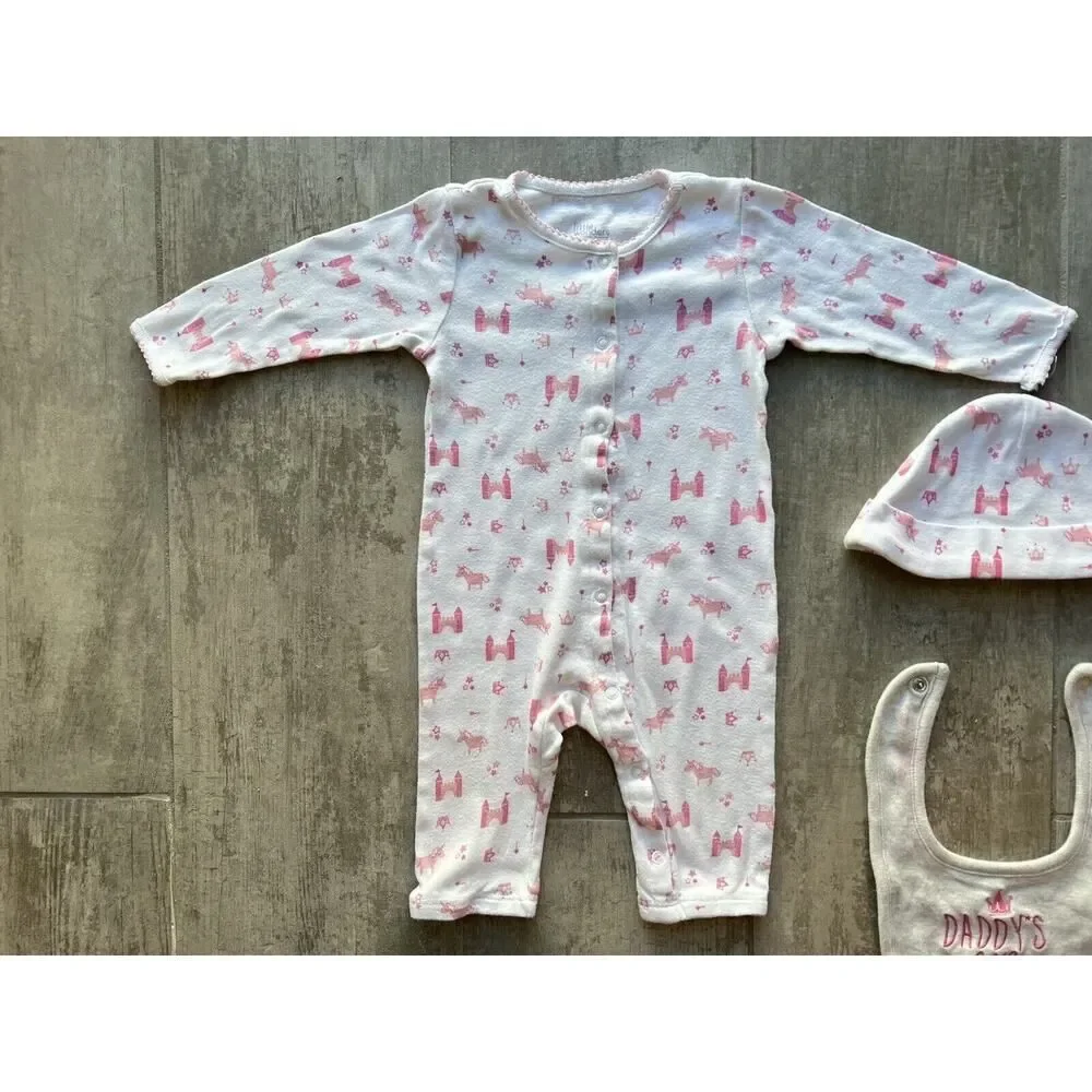 Baby Girl 3 Piece Outfit Set DADDYS LITTLE PRINCESS Coverall Romper Bib Hat 6-9m